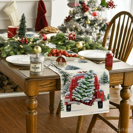 Artoid Mode Watercolour Truck Trees Christmas Table Runner Seasonal Winter Kitchen Table Decoration Indoor Holiday Party Decor 40 x 140 cm