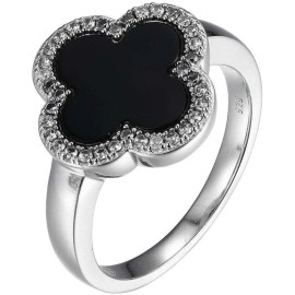 Charles Garnier - Sterling Silver Ring w/ Clover Shape Black Onyx and CZ Accents - 7