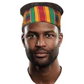 African Hand Woven Kente Kufi Hat with Faux Leather Orange