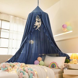 ZIQINPSQ Bed Canopy for Girls with Ruffled,Princess Round Dome Children Dreamy Mosquito Net Girls Room Decor Castle Play Tent,Children Reading Nook Canopies (Blue)
