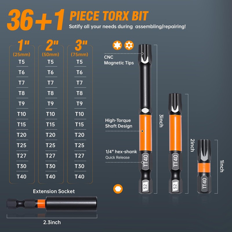 JOSQNNIA Security Torx Bit Set, Torx Bit Set 36-Piece T5-T40