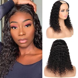 huarisi U Part Human Hair Wig Deep Wave 150% Density Glueless Brazilian Remy Human Hair U Part Wig Human Hair Full Head U Shape Clip in Wigs Curly Half Wig Human Hair for Women 16 Inch Natural Color