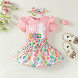 SUNNY PIGGY Baby Girl Easter Outfits Infant Clothes Short Sleeve Romper Overall Skirt Dress Cute Newborn Clothing Set Headband+Hat 3Pcs 0-3 Month Pink