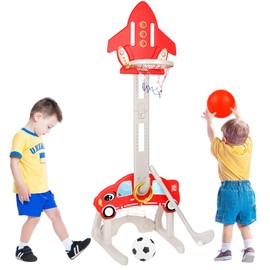 CYFIE Kids Basketball Hoop Toys with Football, Golf, Ring Toss, 4-in-1 Adjustable Height Toddler Activity Center Set for Girls Boys Sports Gifts Indoor Outdoor (Red)