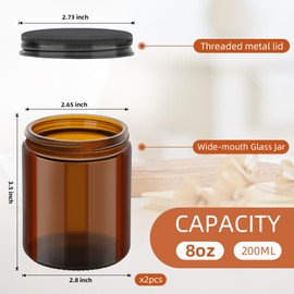 6Pcs 8oz Glass Jars with Lids, Empty Round Jars Amber 250g Empty Round Cosmetic Containers for Sample, Powder,Body Butter,Cream, Lotion, Spice (6)