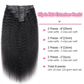 Seamless Kinky Straight Clip In Hair Extensions Invisible PU Weft Kinky Straight Clip Ins Human Hair Extensions 8pcs with 18Clips Per Set 120g(20inch,Natural Black)