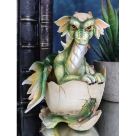 Green Baby Dragon Hatchling Emerging From Egg Sculpture Collectible 3.75"H