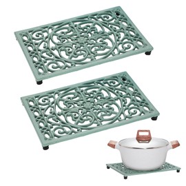 Sumnacon 9.6 x 6.3 Inch Cast Iron Trivet, 2 Pack Metal Trivets with Rubber Feets,Iron Trivet for Hot Dish Pot Pan Plate Teapot,Heat Resistant Trivets Cast Iron for Kitchen Cooktop Dining Table, Green
