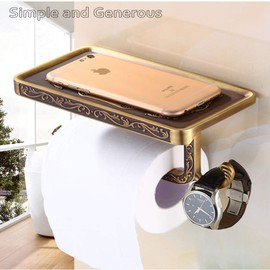 Fredysu Bronze Toilet Paper Holder, Antique Brass Toilet Paper Towel Holder, Premium Wall Mounted Bathroom Paper Holde with Shelf and Hook