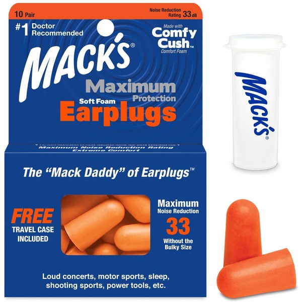 Mack’s Maximum Protection Soft Foam Earplugs – 10 Pair, 33 dB Highest NRR – Comfortable Ear Plugs for Sleeping, Snoring, Loud Concerts, Motorcycles and Power Tools