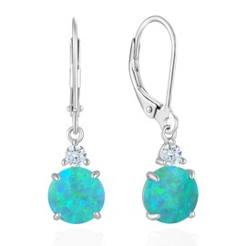 Vesitim Round Opal Earrings Created Opal Jewelry for Women Leverback Hypoallergenic Earrings, Sterling Silver, Created Opal