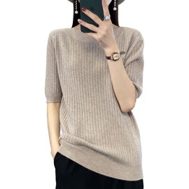 Wowcarbazole Women's Knit Short Sleeve Summer Sweater, Rib Knit Top, Summer Knit, Women's, Short Sleeve Knit, Cut-and-Sew Rib, Stylish, Solid, Simple, Camel