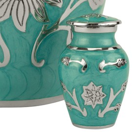Silverlight Urns Grace Turquoise Keepsake Urn, Brass, Mini Size, Funeral Urn for Ashes, Flower Motif, 2.75 Inches Tall