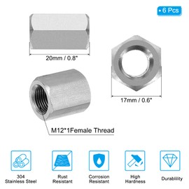 PATIKIL M12 x 1-Pitch 304 Stainless Steel Hex Coupling Nuts, 6Pcs 20mm/ 0.8" Length Fully Threaded Rod Coupling Nut Studding Connector Fasteners, Silver Tone