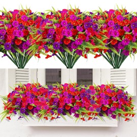 HIAGROW Spring Artificial Flowers Outdoors 12 Bundles Artificial Petunias Fake Flowers UV Resistant Shrubs Plants with Fern for Indoor Outside Hanging Planters Home Garden Summer Decorations