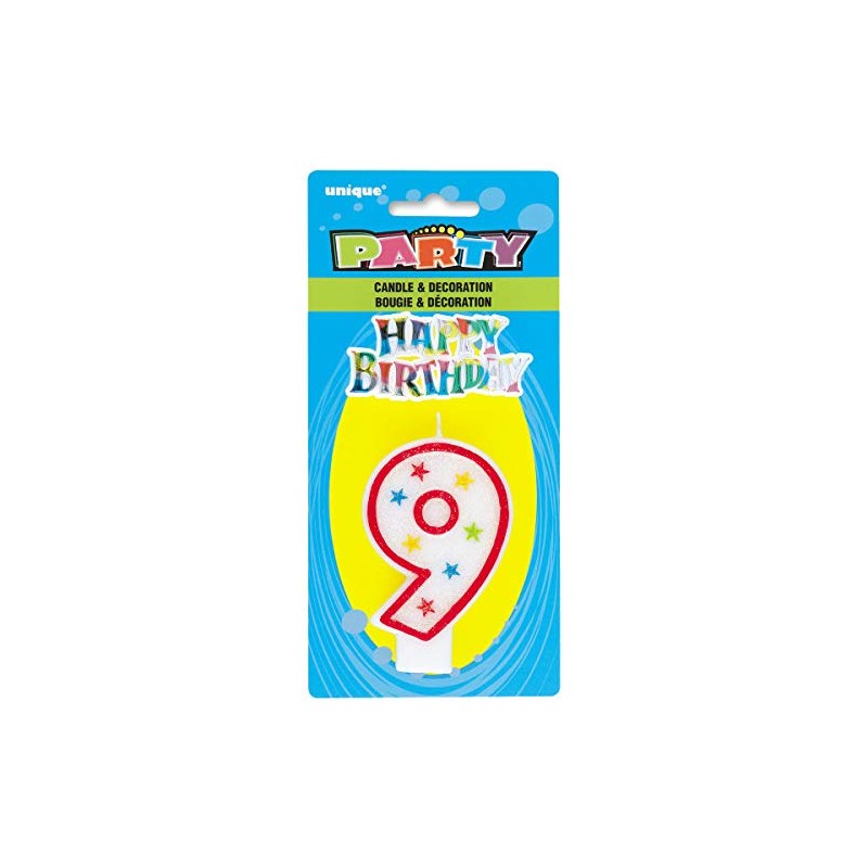 Unique Glitter Star Number 9 Birthday Candle, 3.5", White