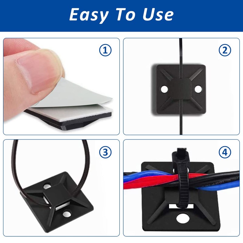50 Set Cable Zip Tie Self Adhesive Mounts Kit with