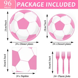 OBUSATT 96Pcs Soccer Party Supplies Pink Soccer Birthday Paper Plates Napkins Girl Soccer Party Decorations Soccer Fans Dinnerware Party Favor Sport Tableware Serves 24