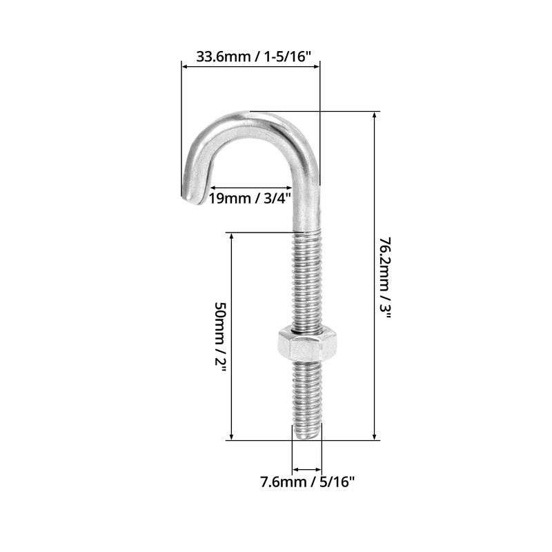 QWORK Steel J-Bolt with Nut, 5/16" x 3" Anchor Bolts,
