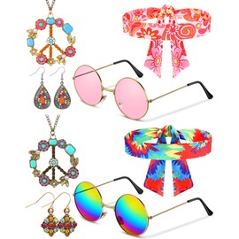 Kenning 8 Pcs Hippie Costume Set 60s 70s Party Accessories Hippie Set Including Round Sunglasses Elastic Rhinestone Headband (Cool,Bright)
