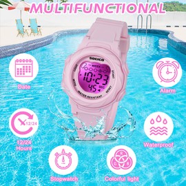 SOCICO Kids Digital Watches for Girls Boys, Waterproof 5ATM, 7 Color Lights Waterproof Watches for Kids with Alarm Stopwatch, Soft Band Wrist Watch Christmas Gifts for Kids Ages 5-12.