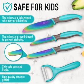 TruChef 5-Piece Kids Cooking Chef Knife Set | Real Stainless Steel Knives with Peeler, Serrated Knife & Holder | Kids Safe Rounded Tips, Easy-Grip Handles | Kitchen Knife Set (5 pcs, Aqua)