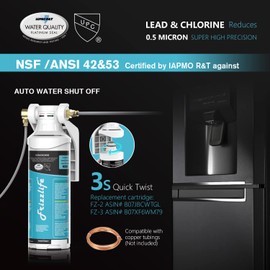 Frizzlife Inline Water Filter System for Fridge, Ice Maker, Under Sink, Certified 0.5 Micron Reduces Chlorine, Lead, Long Lasting, Compression Brass Fittings Fits for Copper Tubing, MS99