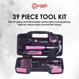 D-unique Tools 39 Piece Tool Kit, Pink Tool Box Set for DIY Home and Household Repairs, All Purpose Small Tool Kit with Essential Tools, Perfect Home Repair Tool Kit for College Students, Women, Men