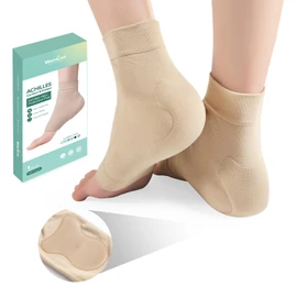 Welnove Achilles Tendonitis Heel Protector Socks Achilles Tendon Support Compression Pads- Gel Padded Sleeve for Protection of Bursitis, Tenderness - Larger Size for Lower Leg 9" to 11" - Beige