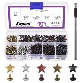Swpeet 176 Pieces 5 Colors 0.47 x 0.23 Inch - 12 x 6mm Star Rivets with 2.5mm Hole Punch Tool Assortment Kit, Leather Star Rivets, Clothing Rivets, Leather Rivets, Rivets and Spikes for Leather Crafts