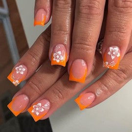 French Tip Press on Nails Short Square Fake Nails Flower False Nails Cute Glossy Full Cover Acrylic Nails Orange Glue on Nails Summer Artificial Stick on Nails for Women Manicure 24Pcs