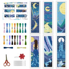 BEUNITONE 6 Pcs Cross Stitch Bookmark Kits for Adult Beginners Starry Sky Pattern DIY Stamped Embroidery Bookmark Kit with Instructions Cross Stitch Kits for Book Lovers Reader Writers Gift 2.4"x8"