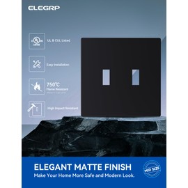 ELEGRP 2-Gang Screwless Toggle Wall Plates, Mid-Size Unbreakable Thermoplastic Faceplate Cover for Toggle Wall Switch & Toggle Dimmer Switch, UL Listed (10 Pack, Matte Black)