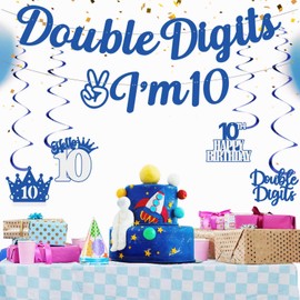 Pre-Strung Blue 10th Birthday Decorations Boys - 9PCS Double Digits I'm 10 Banner Hanging Swirls Decorations Supplies Cheers to 10-Years-Old Birthday Party