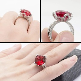 Platinum Plated Cushion Cut Red CZ Ring Split Shank Flower Crystal Rings Wedding Party Jewelry for Women RJ212 (Size 9)