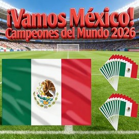 21 Piezas Kit de Apoyo para Fanáticos de México Copa Mundial FIFA 2026,con 1 PCS Chal Bandera Mexicana 60 * 90cm y 20 PCS Banderas Mexicanas de Mano 14 * 21cm,Animar al País en el Mundial