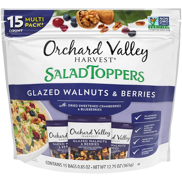 ORCHARD VALLEY HARVEST Salad Toppers, Glazed Walnuts & Berries With Dried Sweetened Cranberries & Blueberries, 0.85 Oz (Pack Of 15), Non-GMO, No Artificial Ingredients