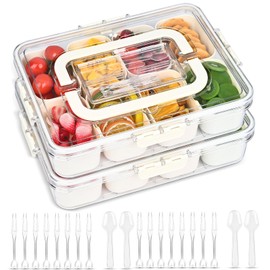 (2Pcs)Divided Serving Tray with Lid,Snackle Box Container with Lid,Snack Box Container with Cutlery Storage,8 Fruit Forks,2Spoons,Fruit Tray,Portable Snack Organizer,8 Compartments snack tray with lid