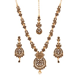 Touchstone New Indian Bollywood Awesome Fine Workmanship Stylish Studded Diamond Look Faux Black Onyx Rhinestone Pearl Hanging Designer Jewelry Necklace Set in Antique Gold Tone for Women.