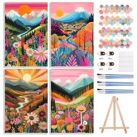 4 Pack Paint by Numbers Kits for Adults Beginners Framed Canvas, Adult Paint by Number Kit with Wooden Easel, Natural Abstract Landscapes Easy Painting by Numbers for Adults Framed Crafts 8x12inch
