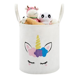 TECHMILLY Large Storage Basket for Girls and Boys, Collapsible Laundry Hamper with Long Handles, Toy Bins for Nursery, Kids Room Décor