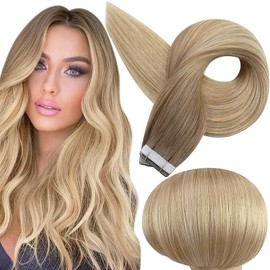 Full Shine Tape in Hair Extensions for Women Real Human Hair Color 6/27/60 Ombre Balayage Hair Extensions 22 Inch Remy Human Hair 20 Pieces 50 Grams