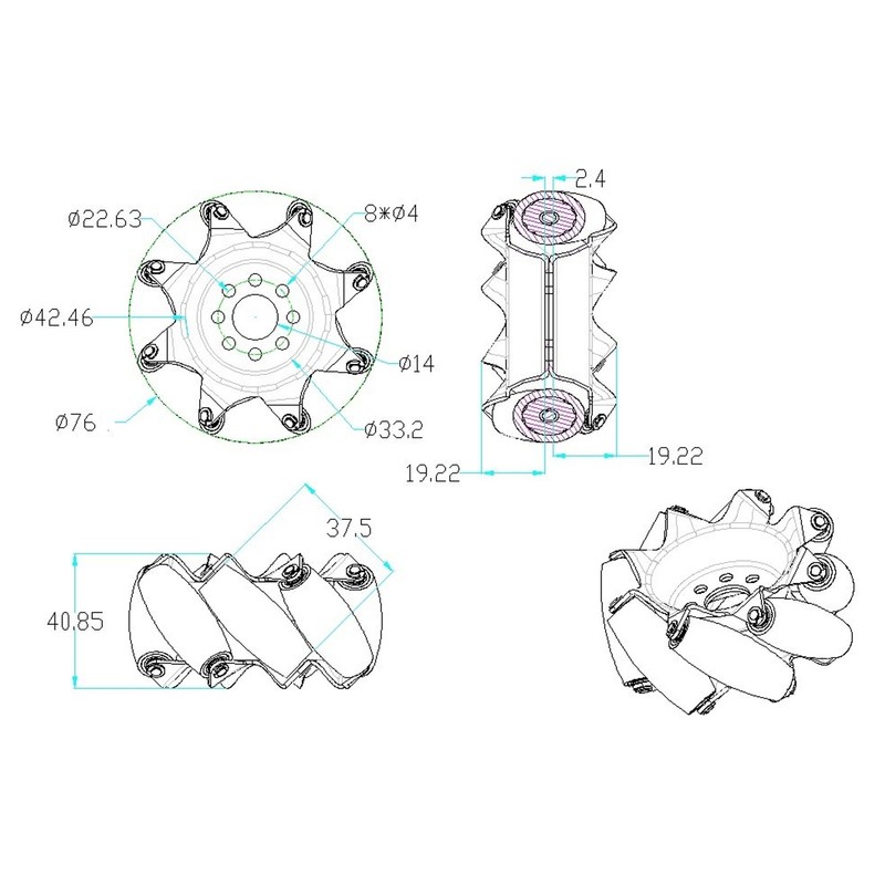3in 45° Omnidirectional Wheel with 8 TPU Rubber Drive Rollers