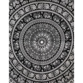 RAJRANG Indian Mandala Tapestry Wall Hanging Black and White Elephant Hippy Tapestries Twin Hippie Beach Throw College Dorm Decor Bohemian Boho Bedsheet - 84x54 Inches