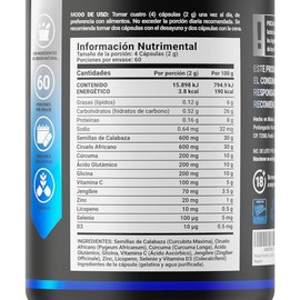 Fórmula de Ciruelo Africano, Selenio, Cúrcuma, Zinc, Semilla de Calabaza y D3. Ingredientes Naturales con 2000 mg por porción y 240 caps. Pros Platinu