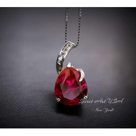 Ruby Necklace Sterling Silver - Large Simple Teardrop Cut Created Ruby Pendant - 3.5 CT Made in USA White gold coated