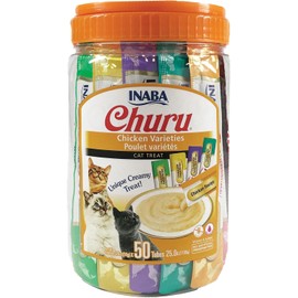 INABA Churu Lickable Cat Treats – Grain-Free, Squeezable Creamy Purée with Vitamin E & Taurine, Chicken Variety Flavors, 50 Tubes (0.5 oz Each)