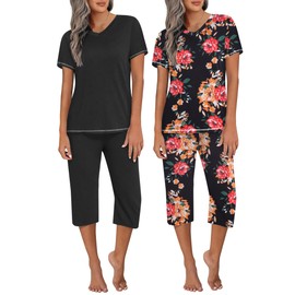 Ekouaer 2 Pack Women's Sleepwear Capri Pajama Sets Short Sleeve Two-Piece Pjs V Neck Tops & Capri Pants with Pockets S-3XL