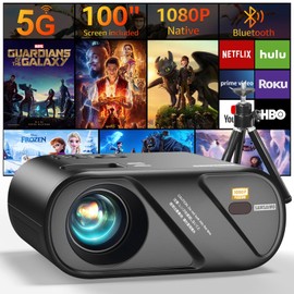 5G WiFi Bluetooth Projector, Outdoor Movie Projector [Projector Screen and Tripod Included], Full HD 1080P Video Projector for Home Theater, Compatible with Phone, HDMI, USB, Laptop, TV Stick