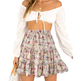 Alelly Women's Summer Cute High Waist Ruffle Skirt Floral Print Swing Beach Mini Skirt